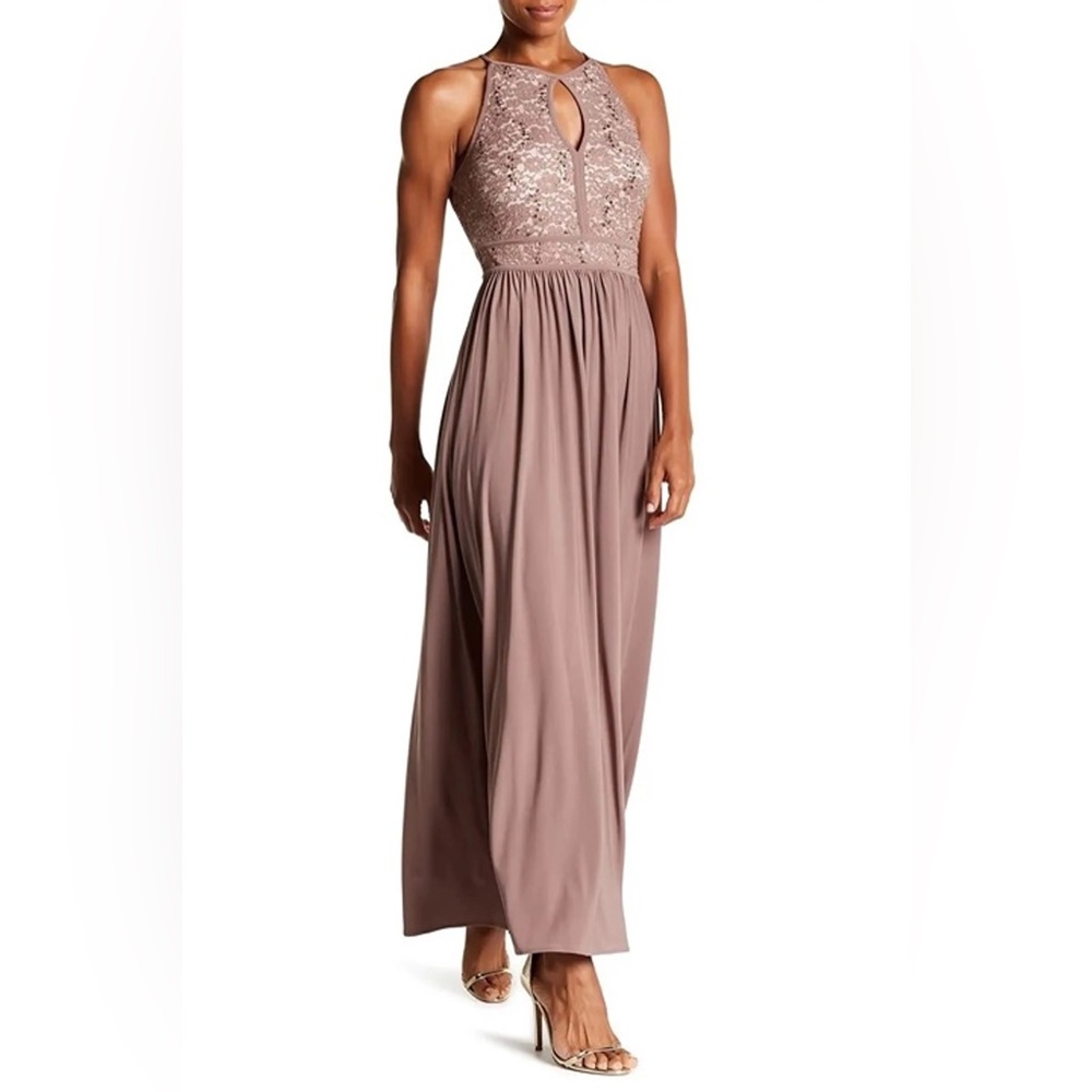NWT Morgan & Co Sz 7/8 keyhole lace sequins tie back halter maxi dress Taupe